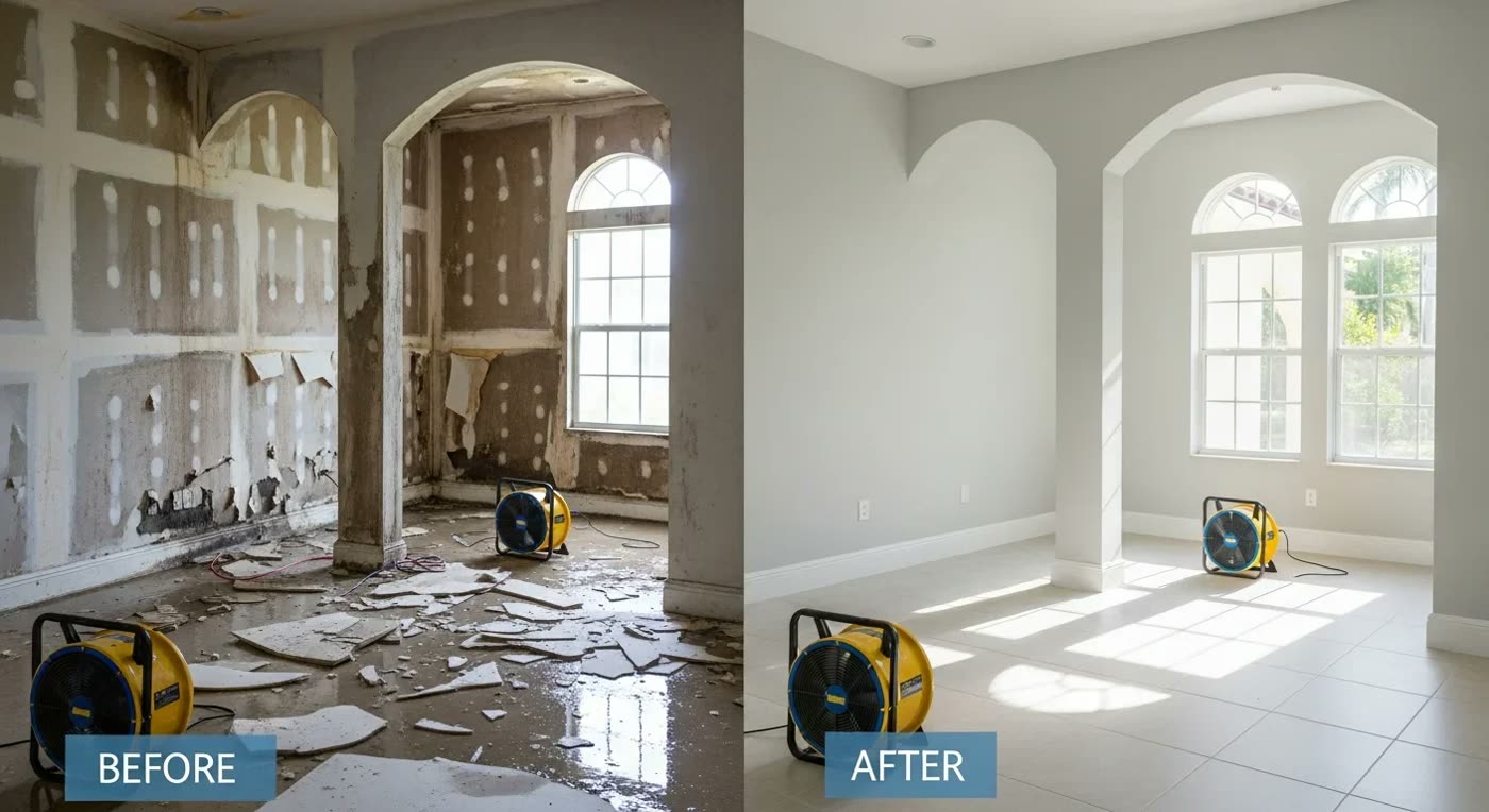 Before and after of a water-damaged room: stripped, wet walls on the left and a fully dried, restored room on the right