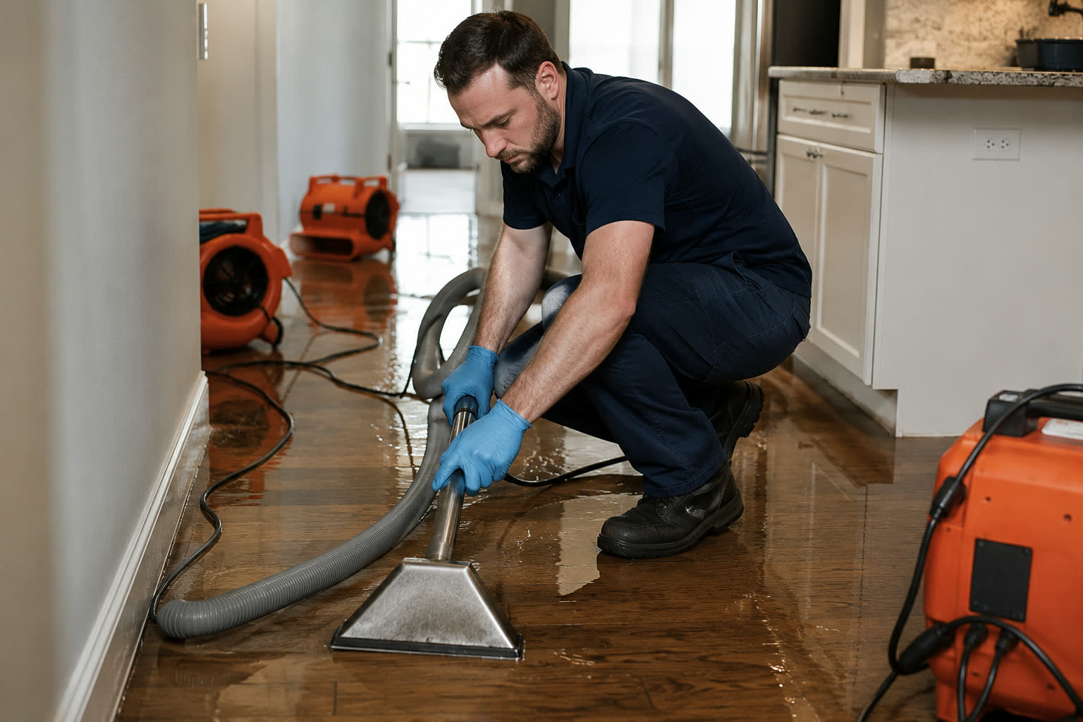 Technician extracting water from a soaked hardwood floor with air movers running in a Tulsa home