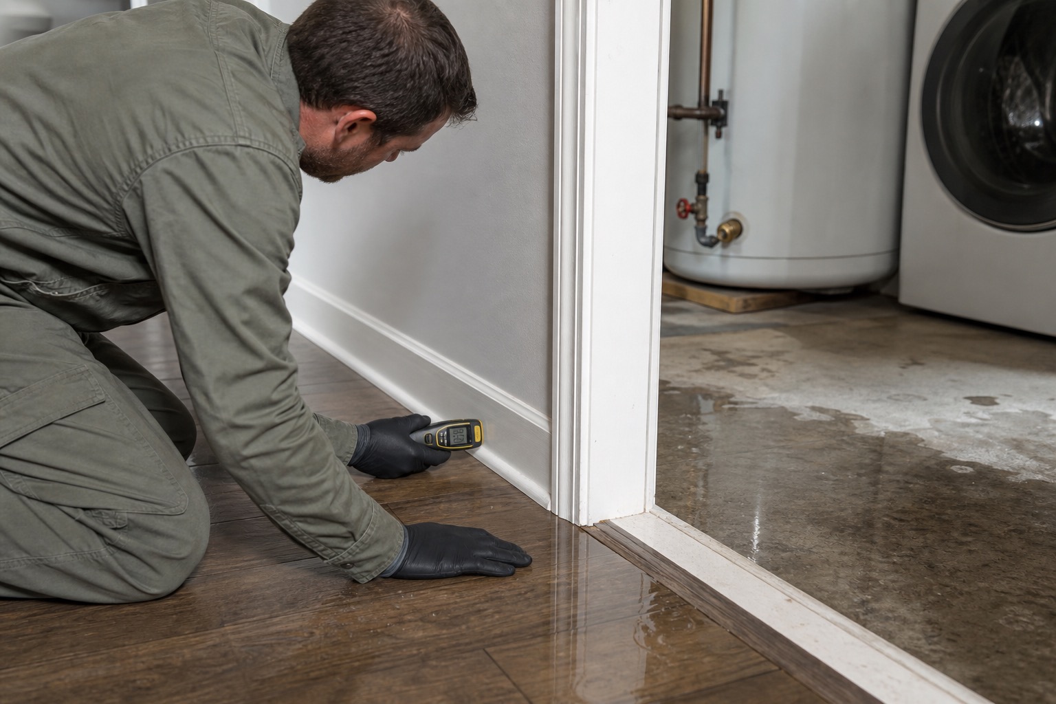 Technician using a moisture meter along a baseboard near a water heater in a Tulsa home
